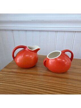 Vintage Hall Pottery Mid Century Modern MCM Orange Tilt Pitchers Creamer
